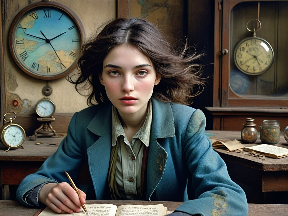 Young woman in vintage coat at rustic wooden desk