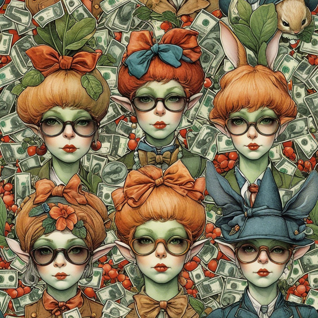 Stylized Female Figures with Red Hair and Green Skin