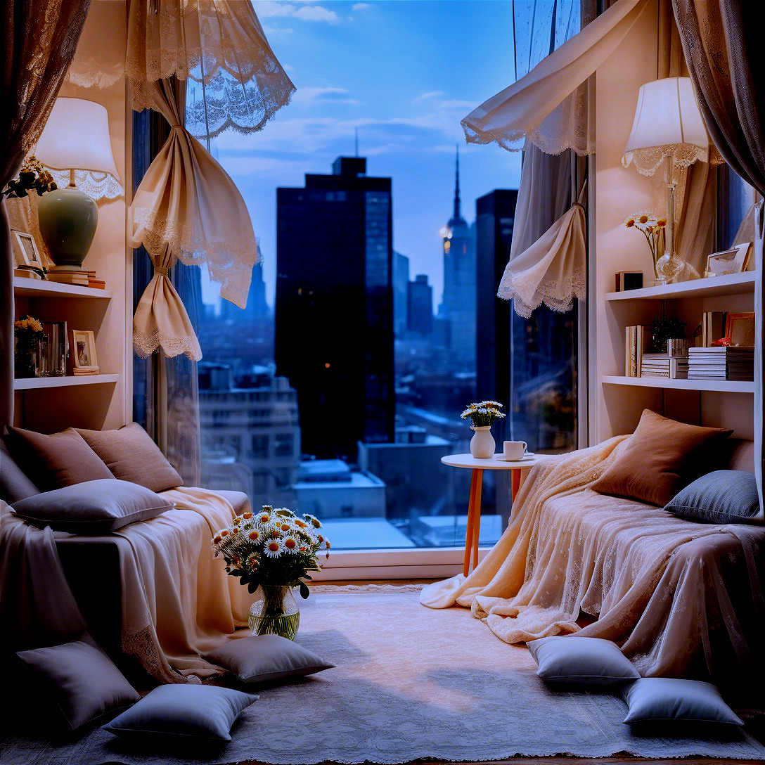 Cozy Elegant Living Space with City Skyline View
