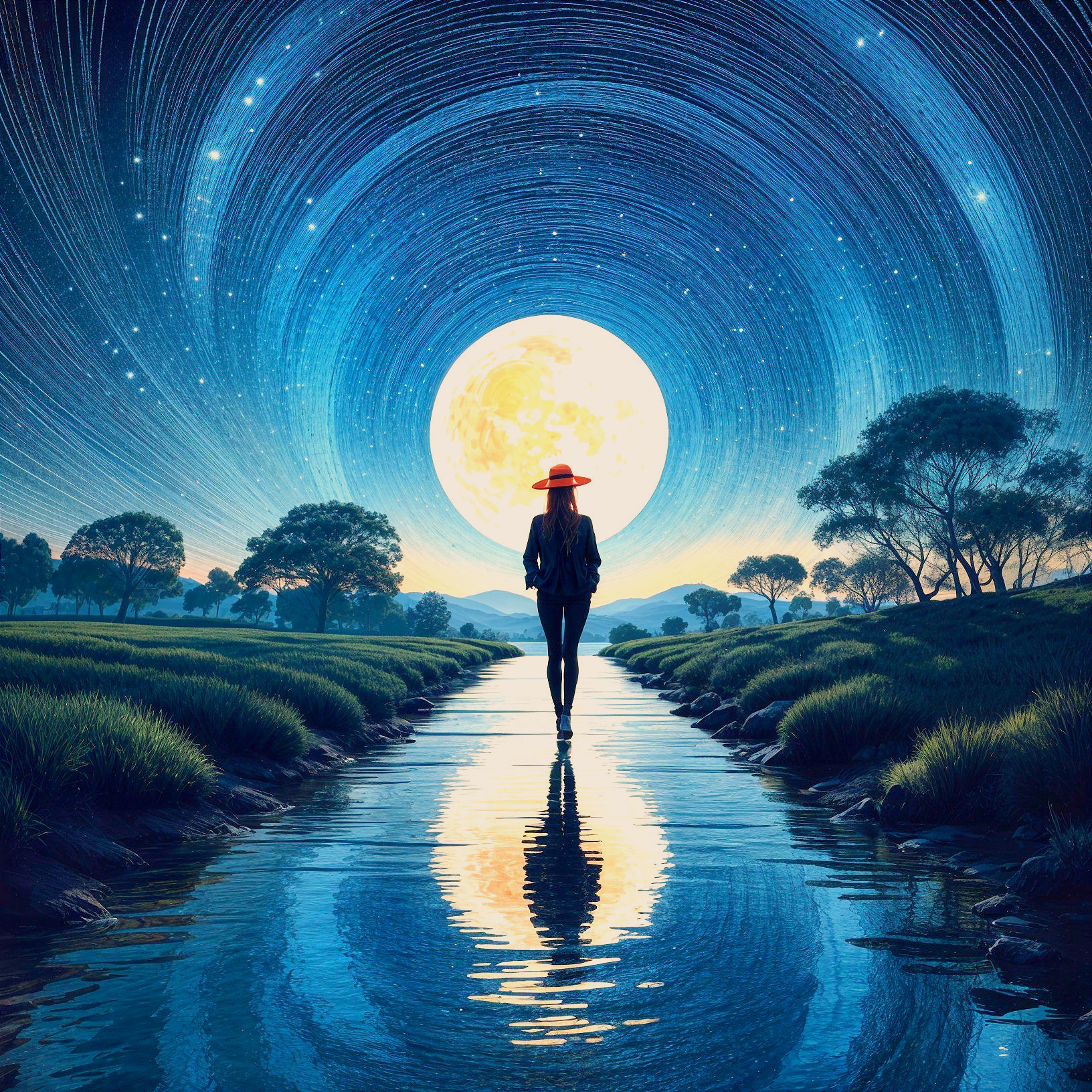 Dreamlike Scene of Figure in River Under Night Sky