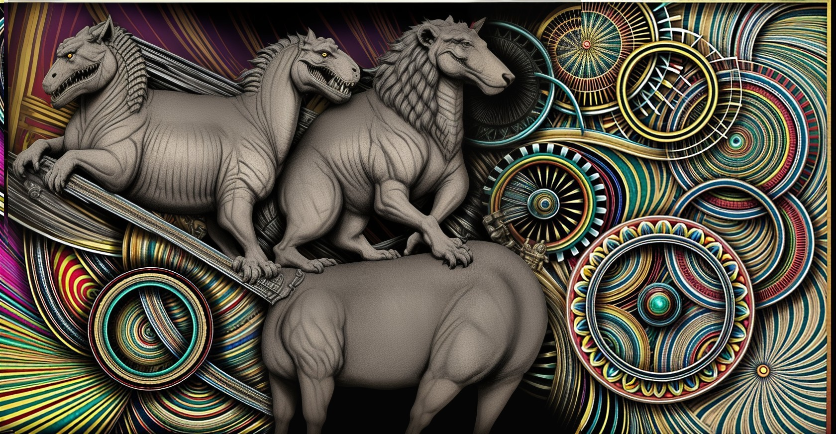 Stylized Animal Figures Against Vibrant Background