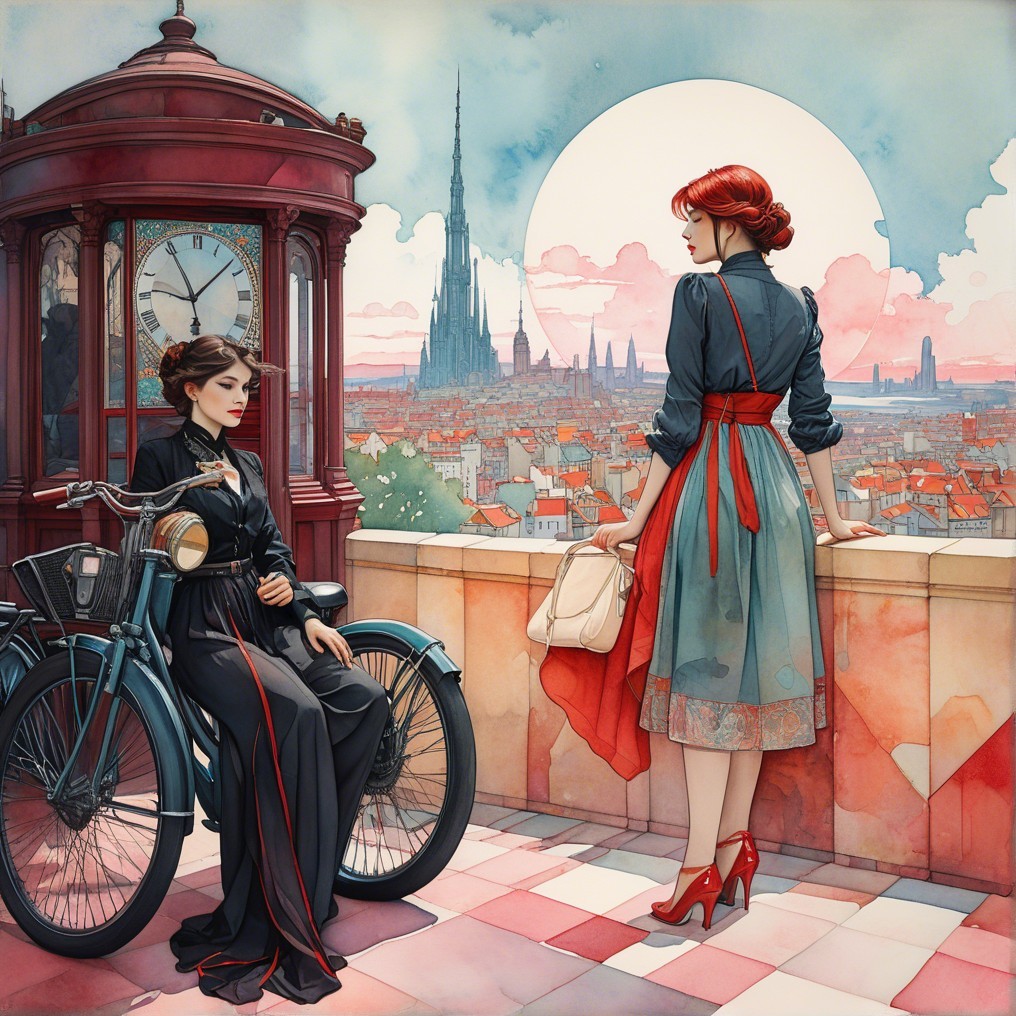 Elegant Women on Balcony Overlooking City Skyline
