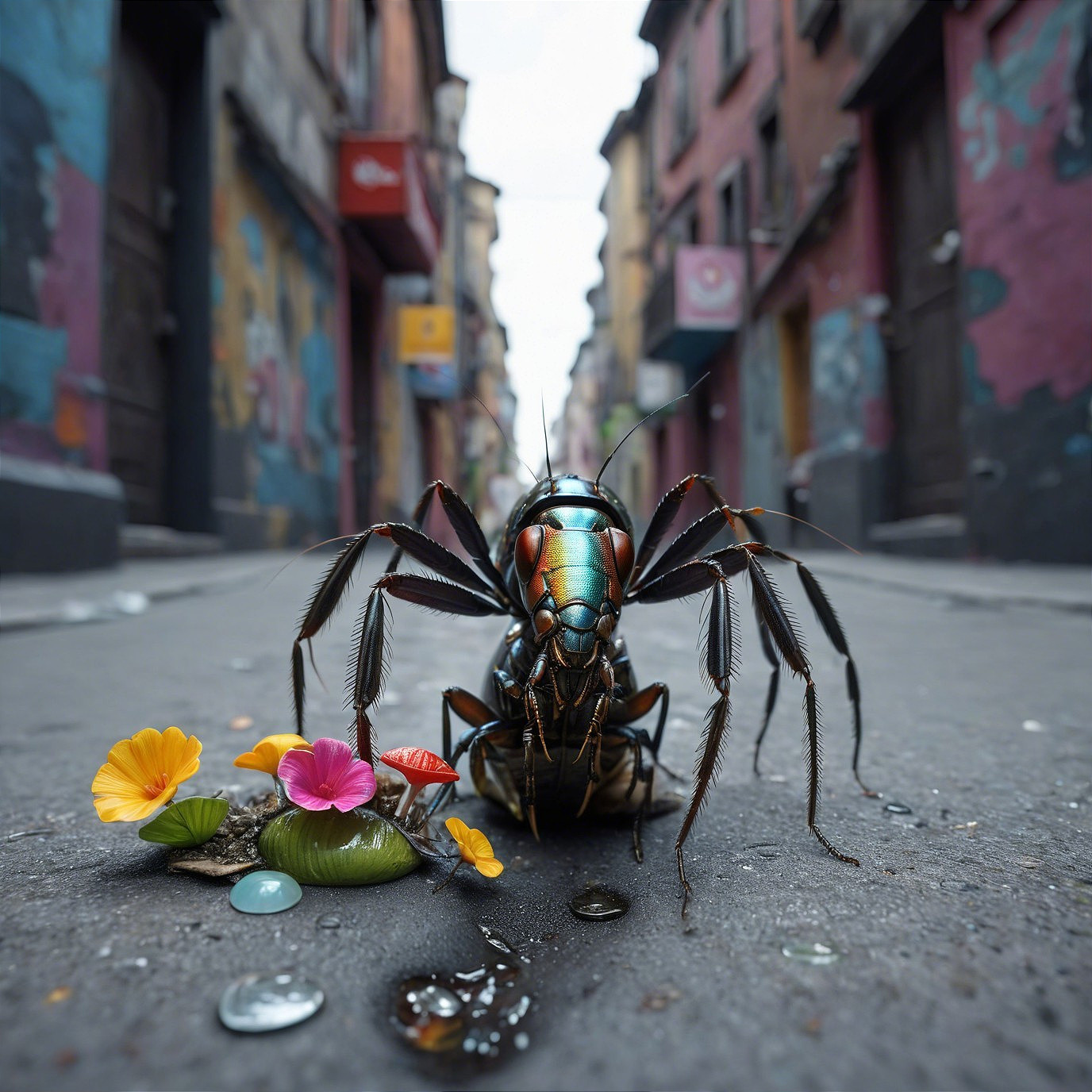 Colorful Alleyway with Giant Iridescent Insect