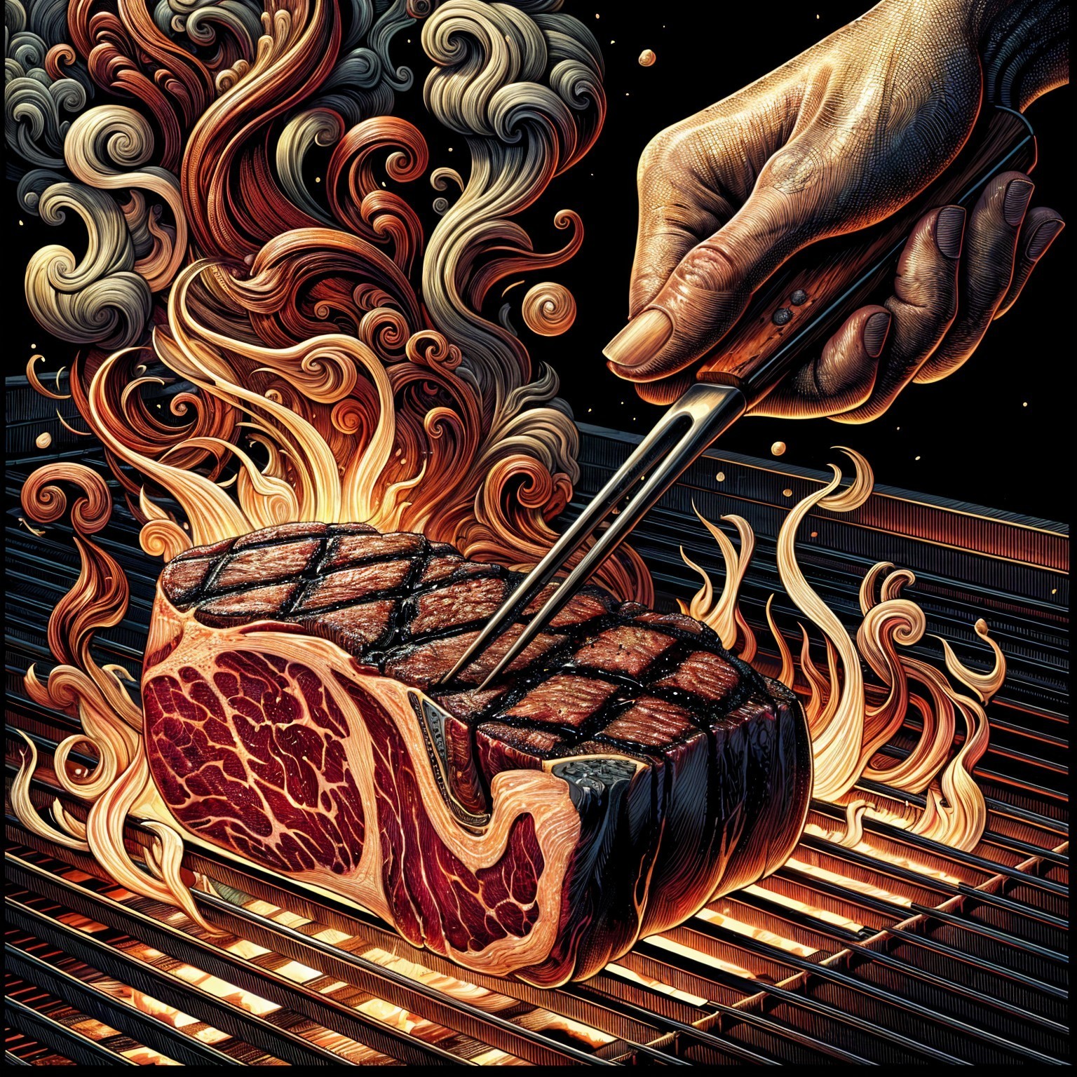Grilled Steak with Tongs Over Fiery Grill Flames