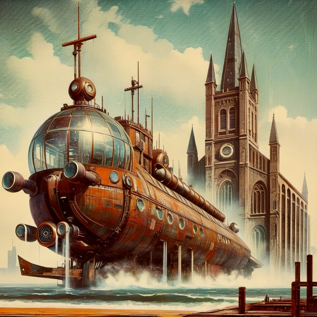 Steampunk Submarine and Gothic Church Scene Description