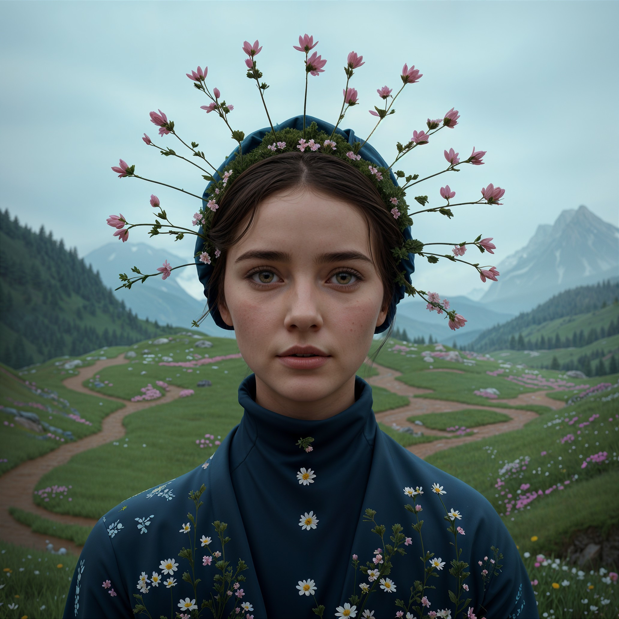 Young Woman in Floral Garb Against Mountain Landscape