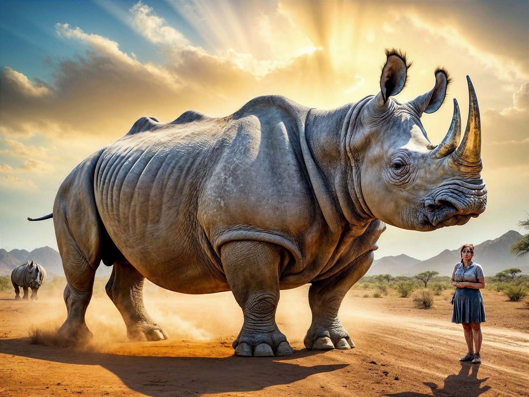 Rhinoceros in Sunset Landscape with Woman in Blue Dress