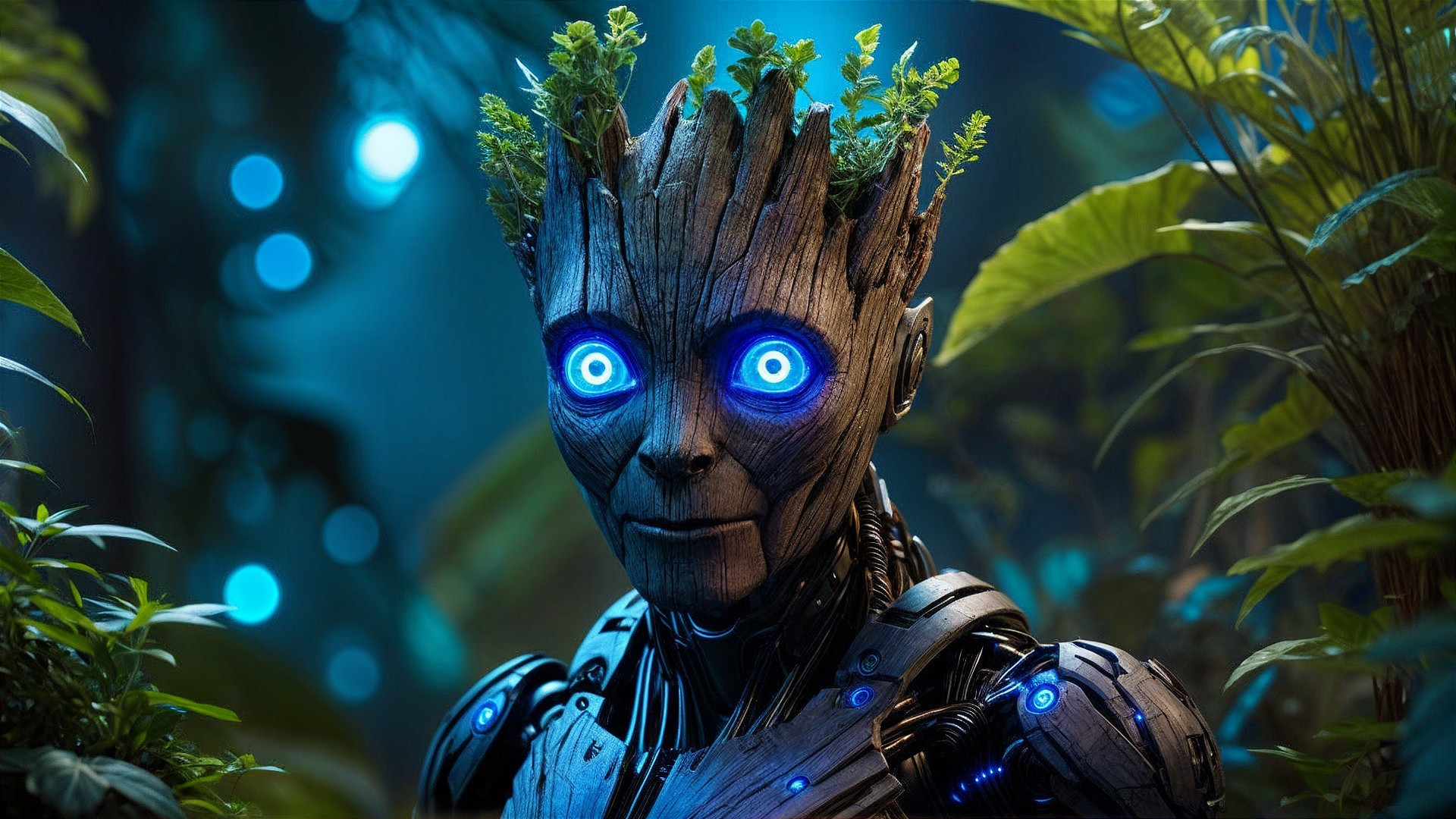 Futuristic Humanoid Robot with Wooden Texture and Plants