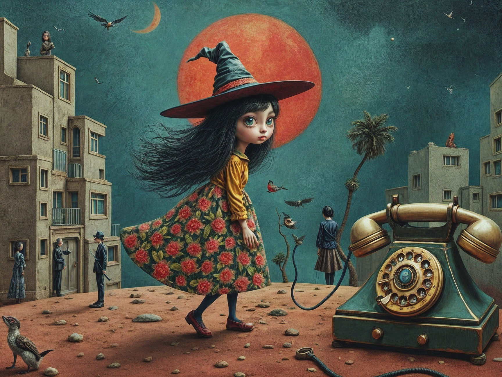 Whimsical Girl in Witch Hat in Surreal Urban Landscape