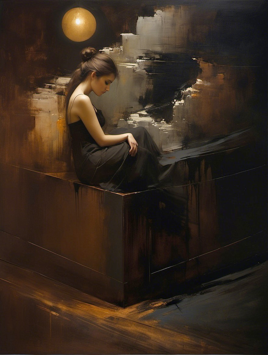 Contemplative Woman in Dark Minimalist Setting