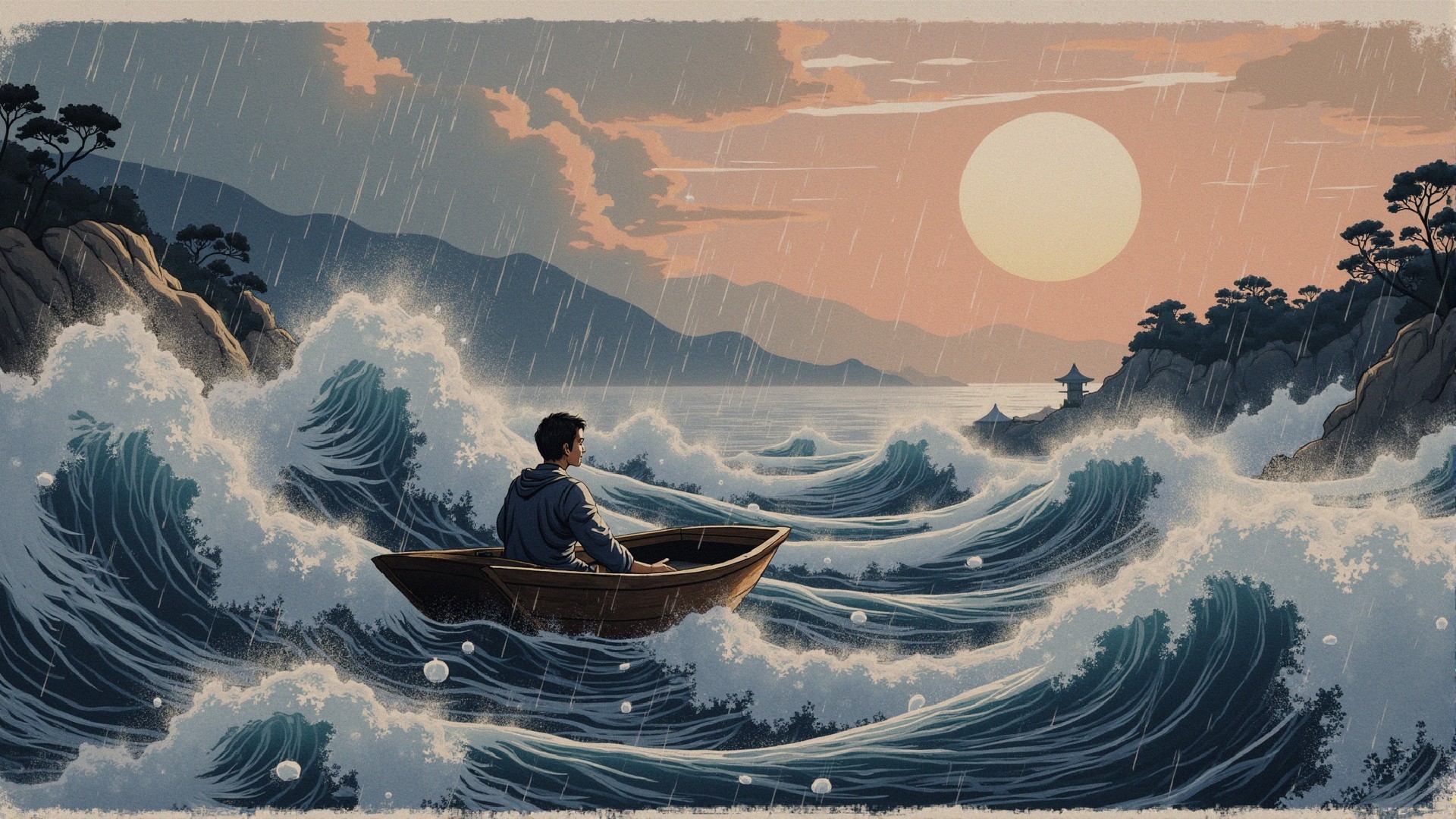 Lone Figure in Boat Amidst Stormy Ocean and Pagoda