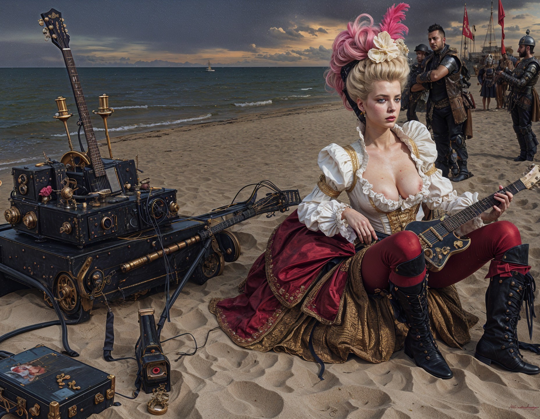 Steampunk Woman Playing Guitar on Dusk Beach