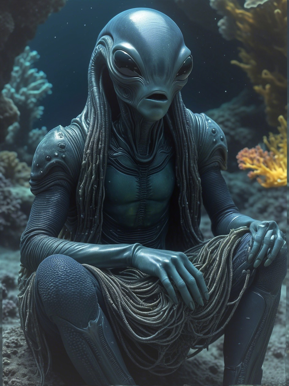 Humanoid Alien in Vibrant Underwater Coral Scene