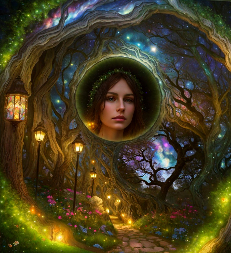 Mystical forest scene with enchanting figure and portal