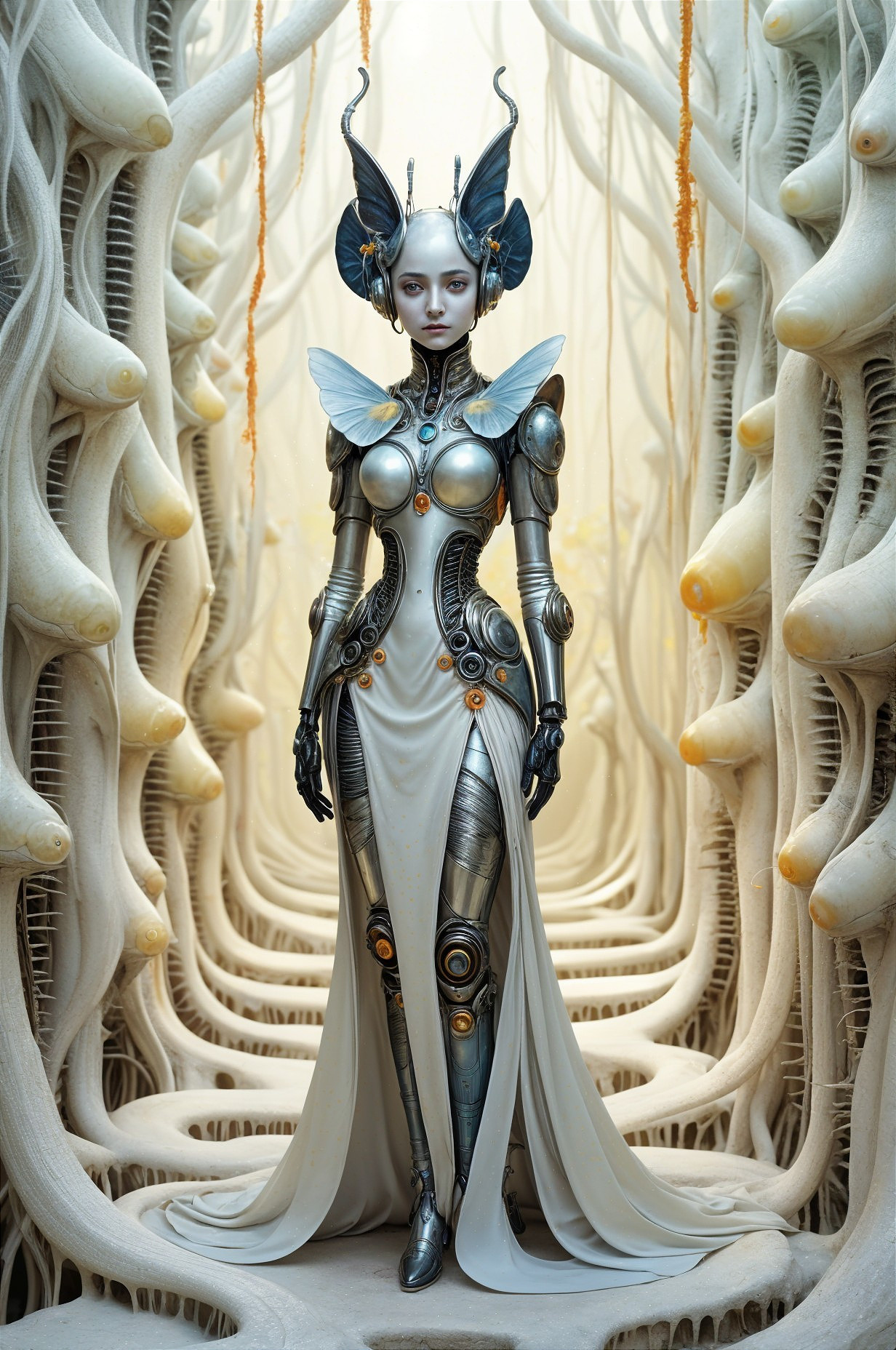 Futuristic humanoid robot in surreal organic setting