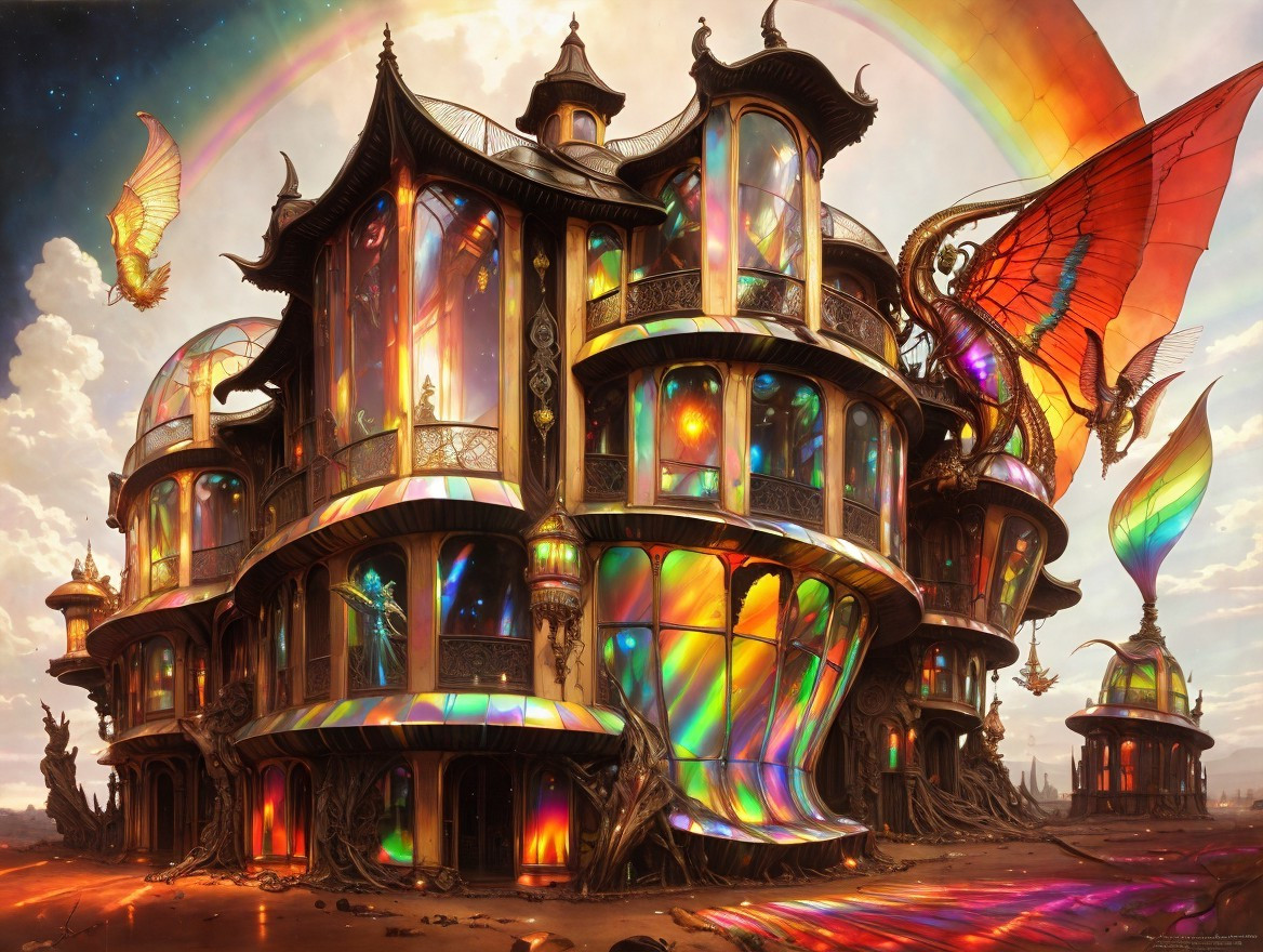 Fantastical mansion with stained glass and whimsical creatures