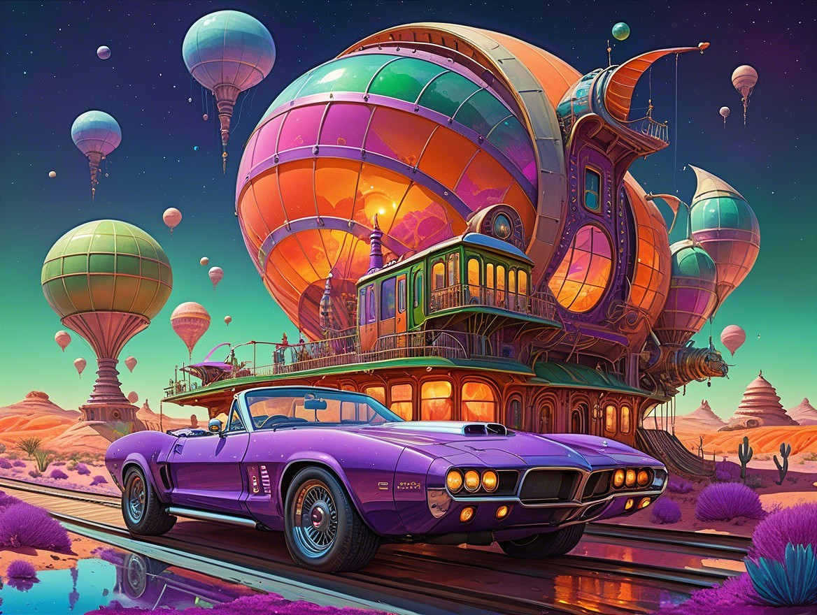 Surreal Landscape with Convertible on Railway Tracks