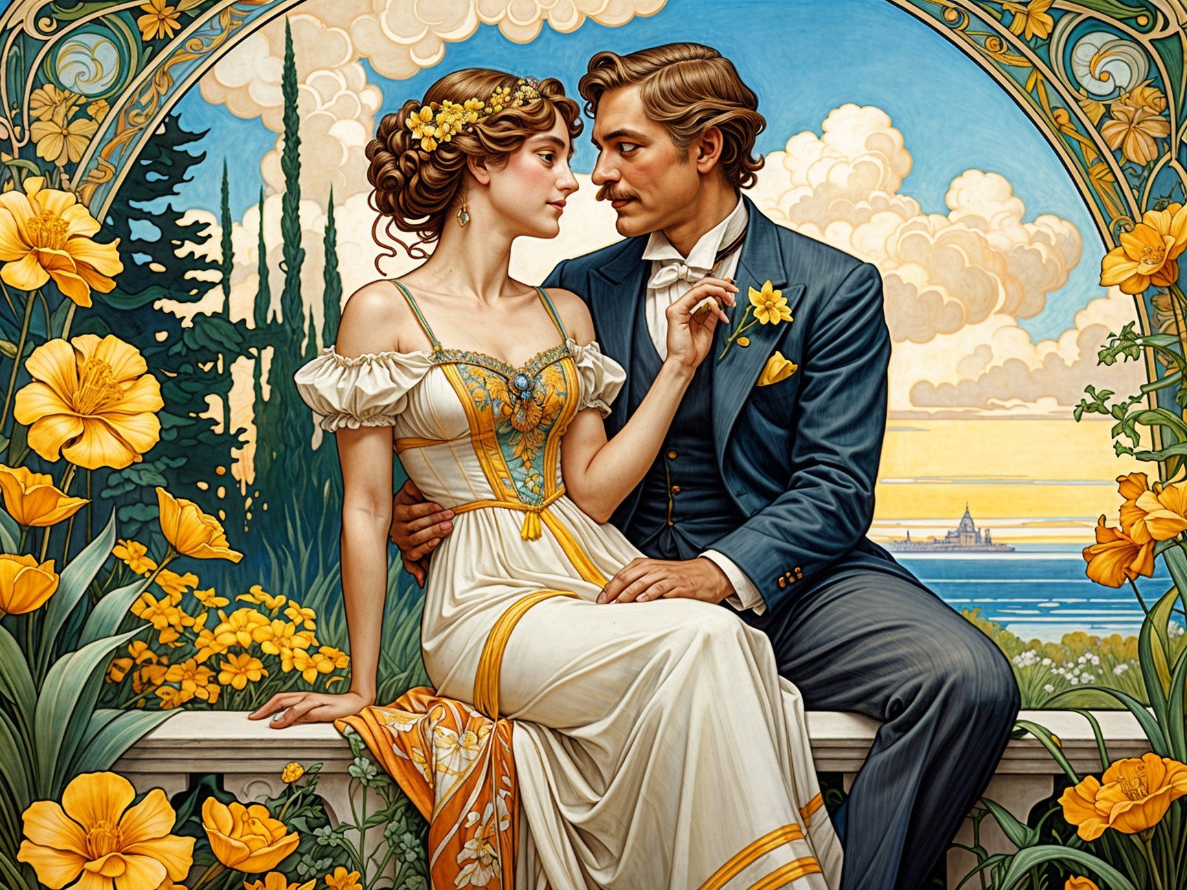 Romantic Couple Surrounded by Yellow Flowers and Hills