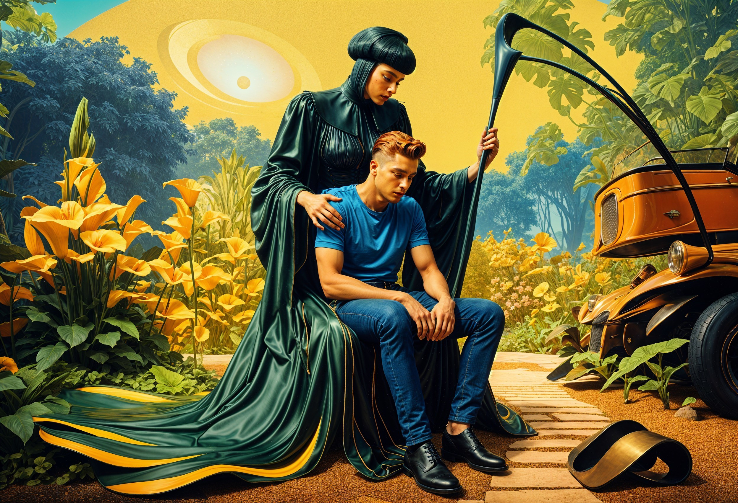 Surreal Scene with Figure in Dark Gown and Antique Car