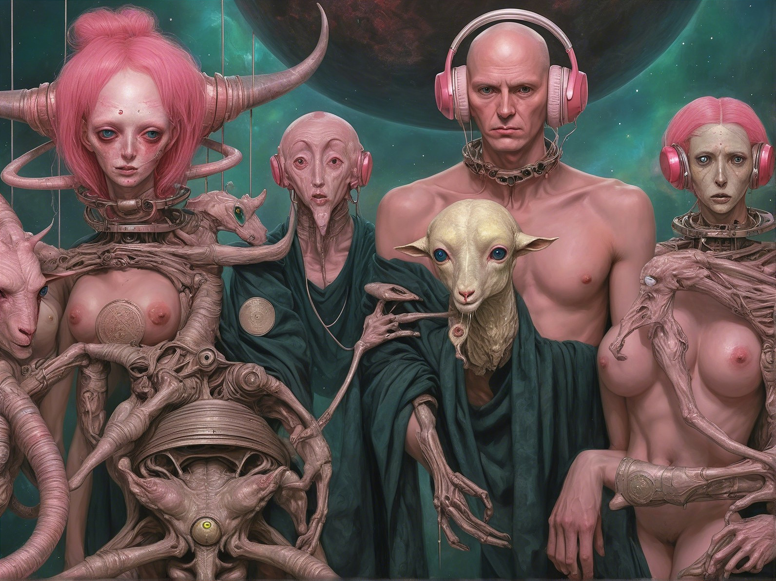 Surreal Scene with Humanoid Figures and Cosmic Elements