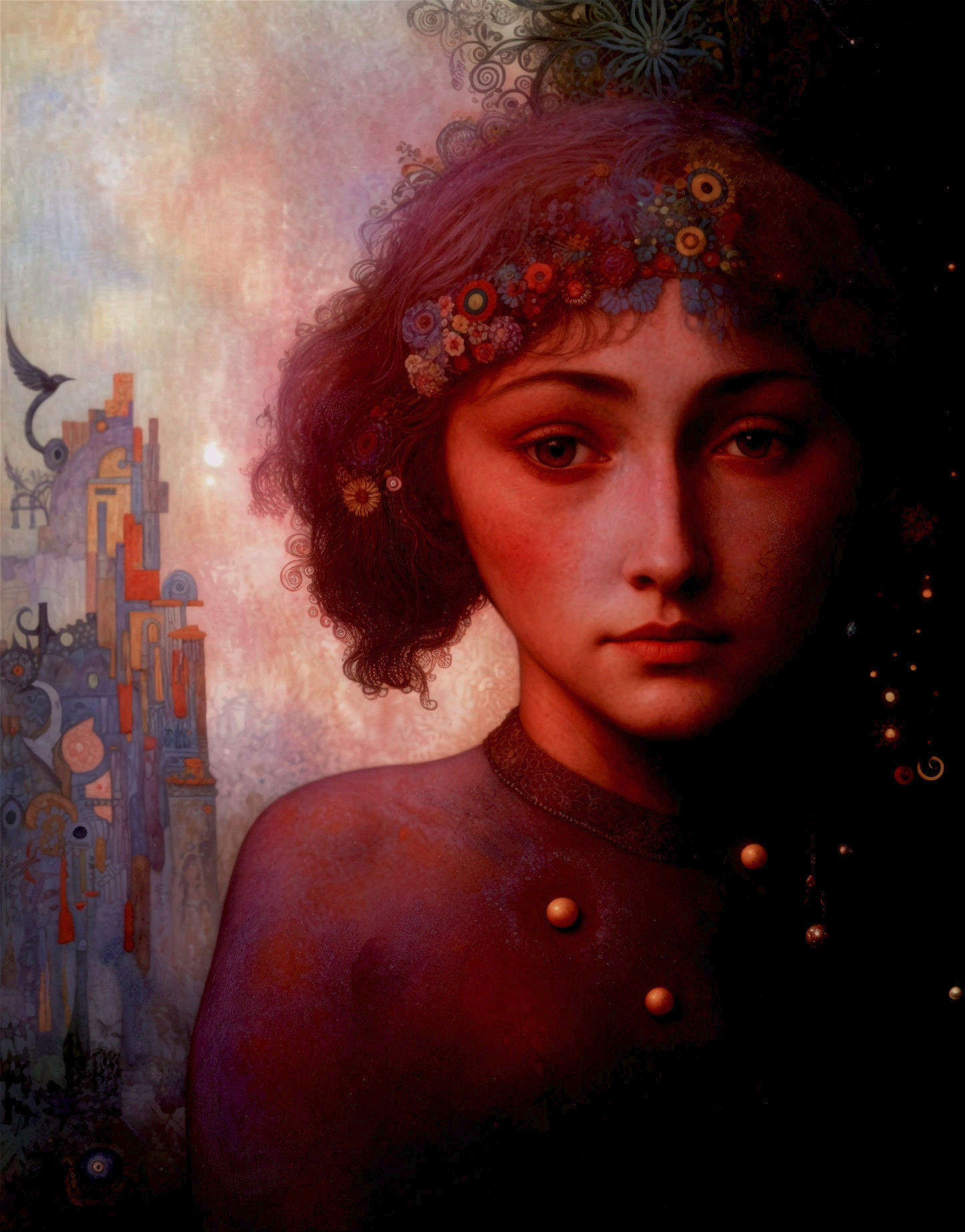Serene Young Woman with Floral Headdress and Colors