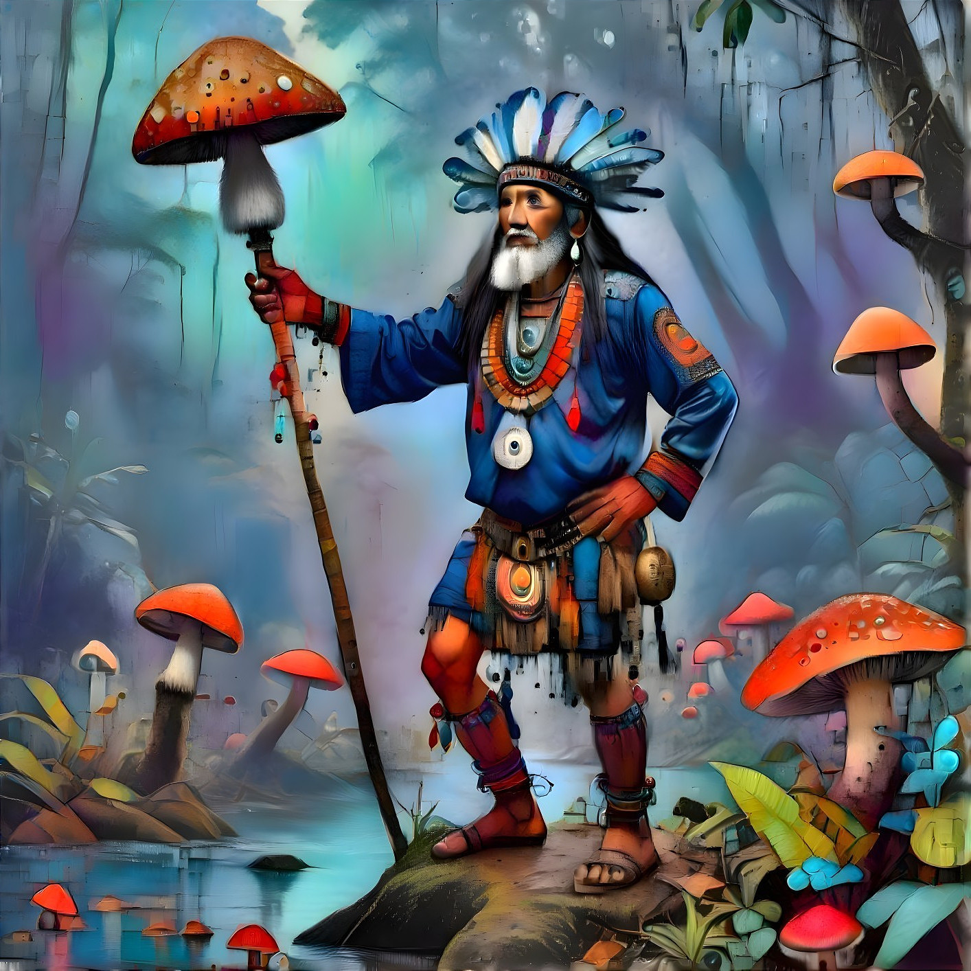 Elderly Man in Tribal Attire by Misty Waterway
