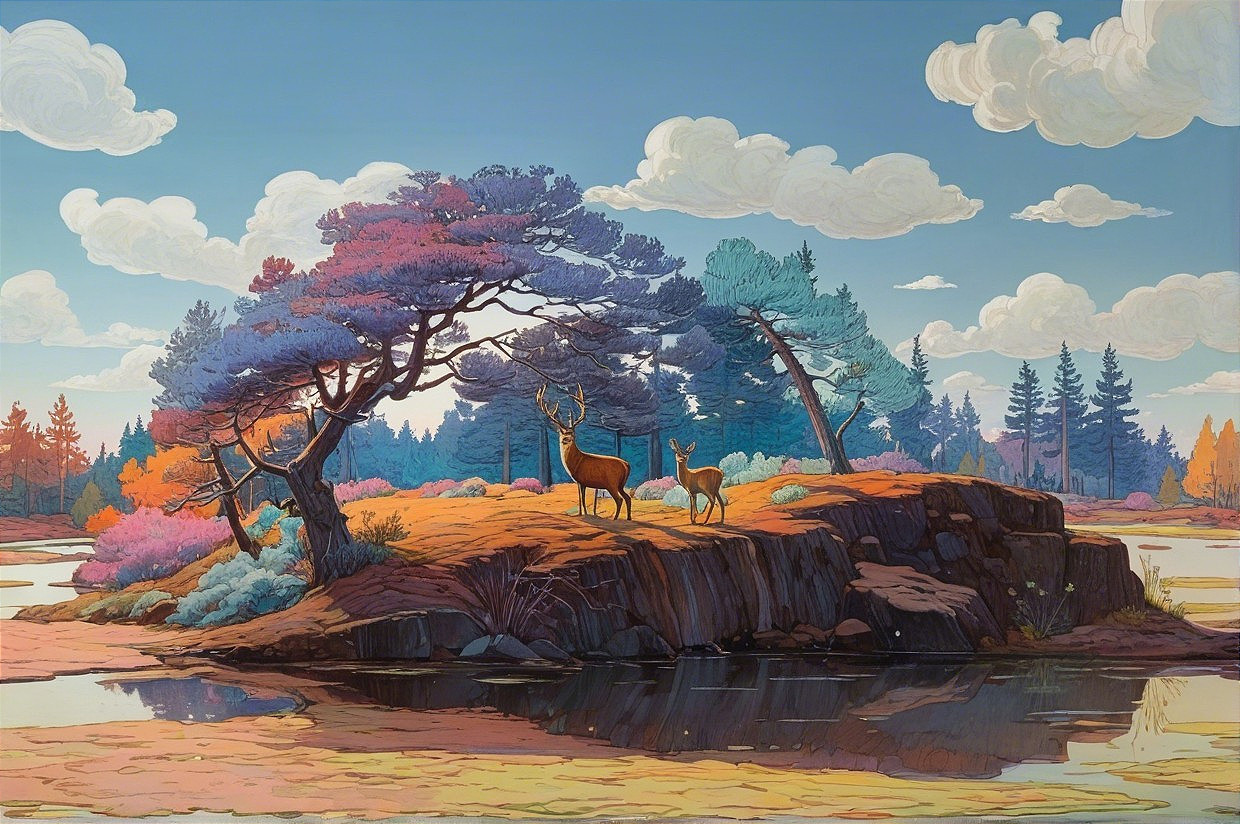 Tranquil Lake Surrounded by Autumn Foliage and Deer