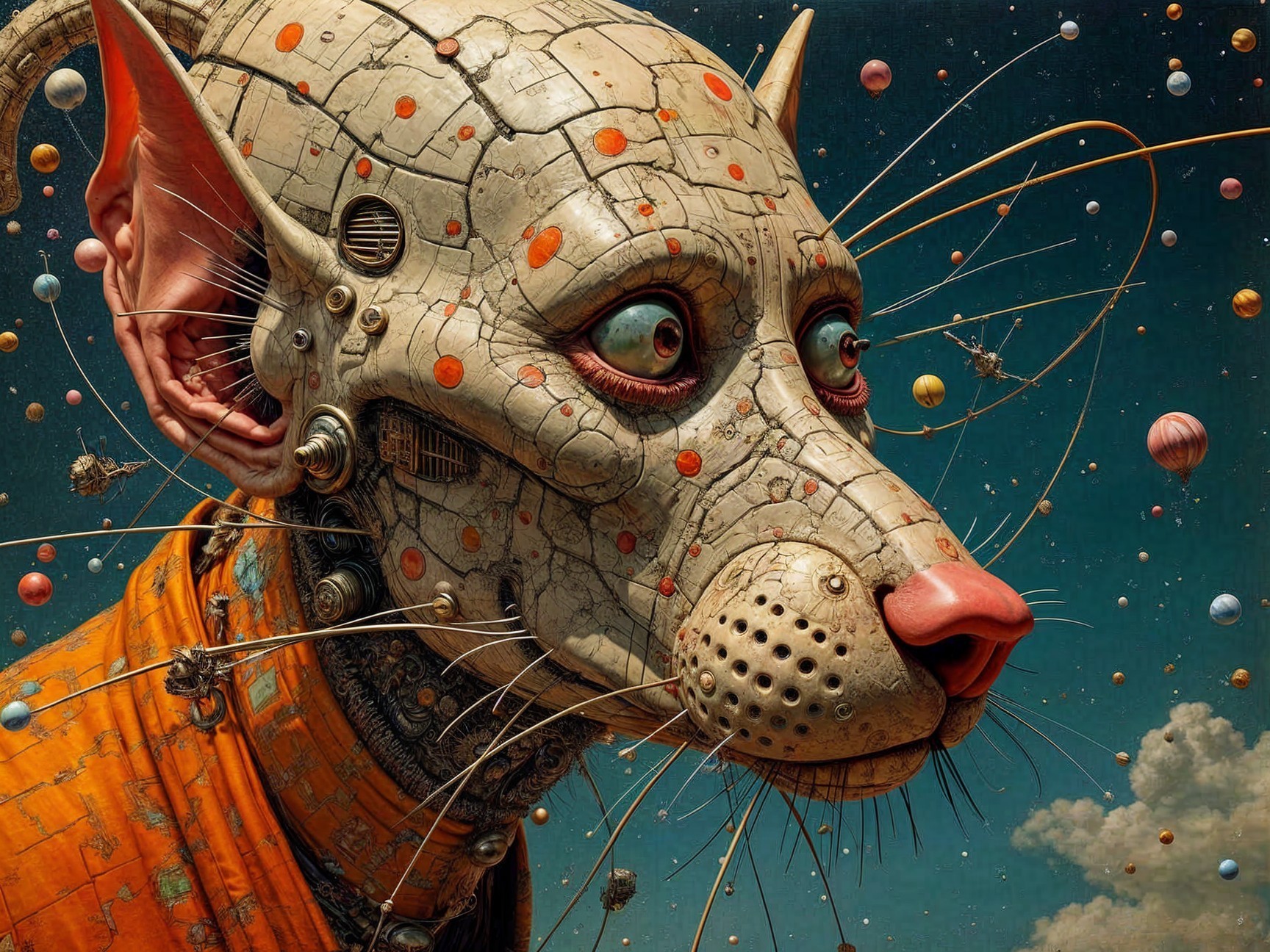 Surreal Robotic Feline with Celestial Background