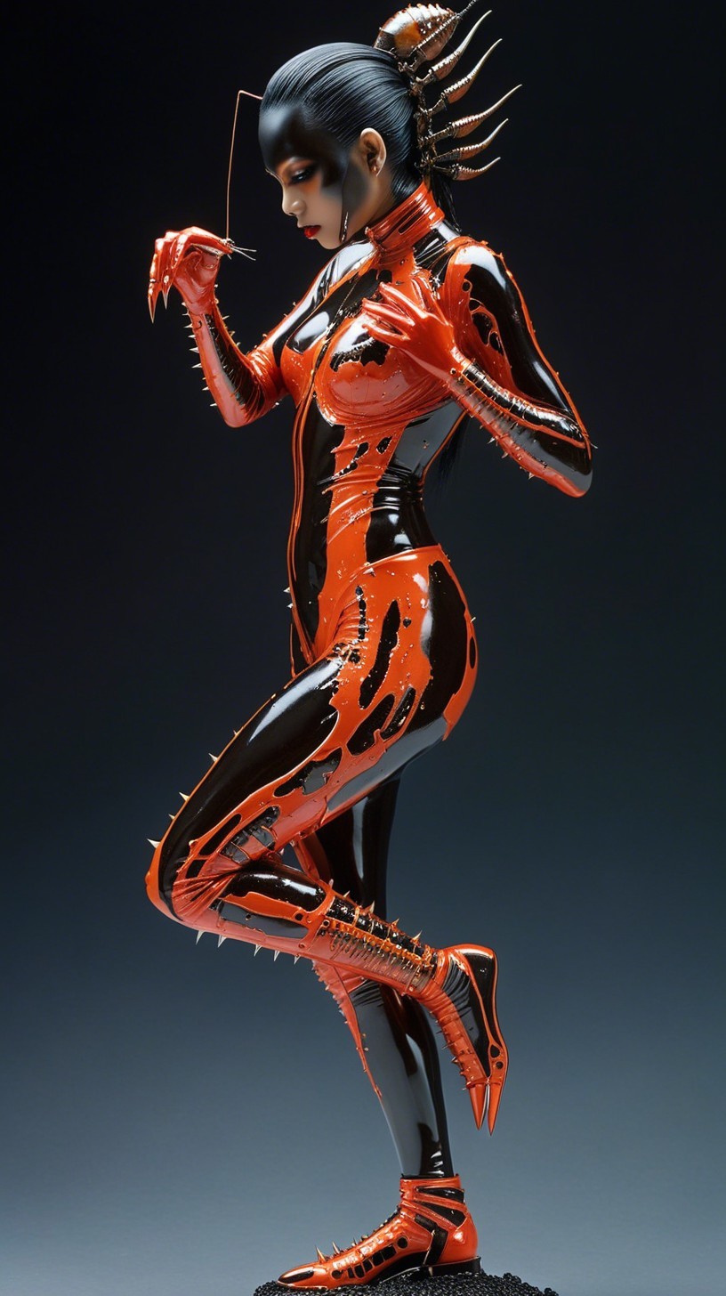 Bold Black and Orange Latex Outfit with Spikes