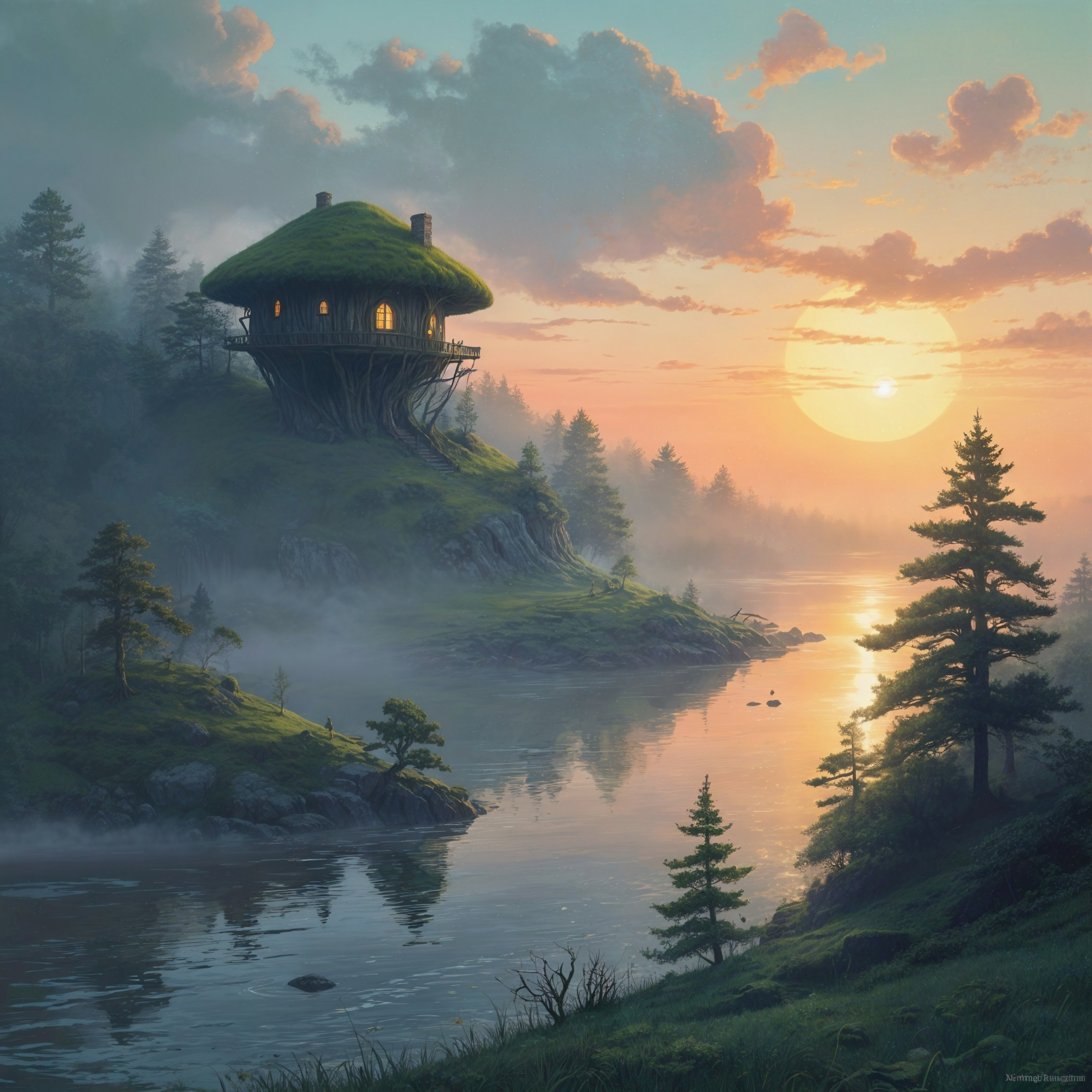 Whimsical Treehouse Overlooking Serene River at Sunset
