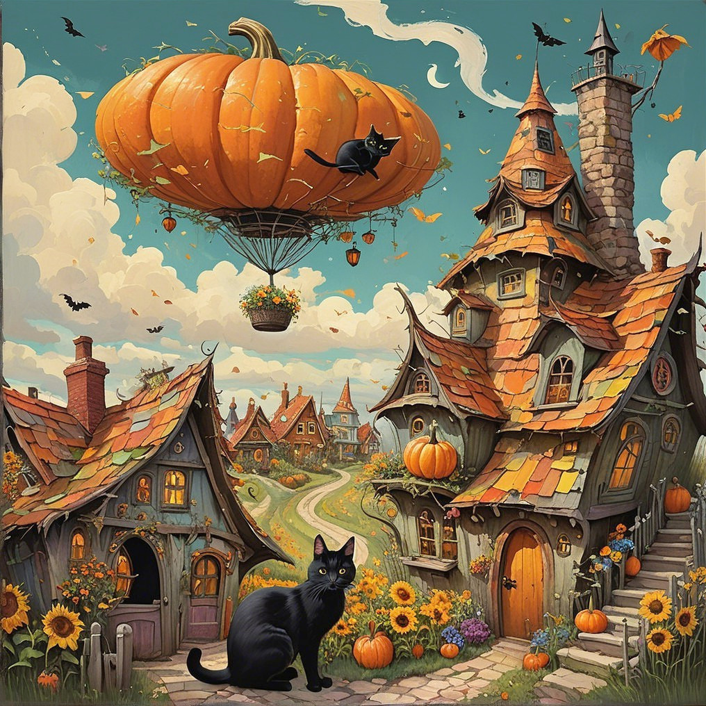 Whimsical Autumn Scene with Cottages and Pumpkins