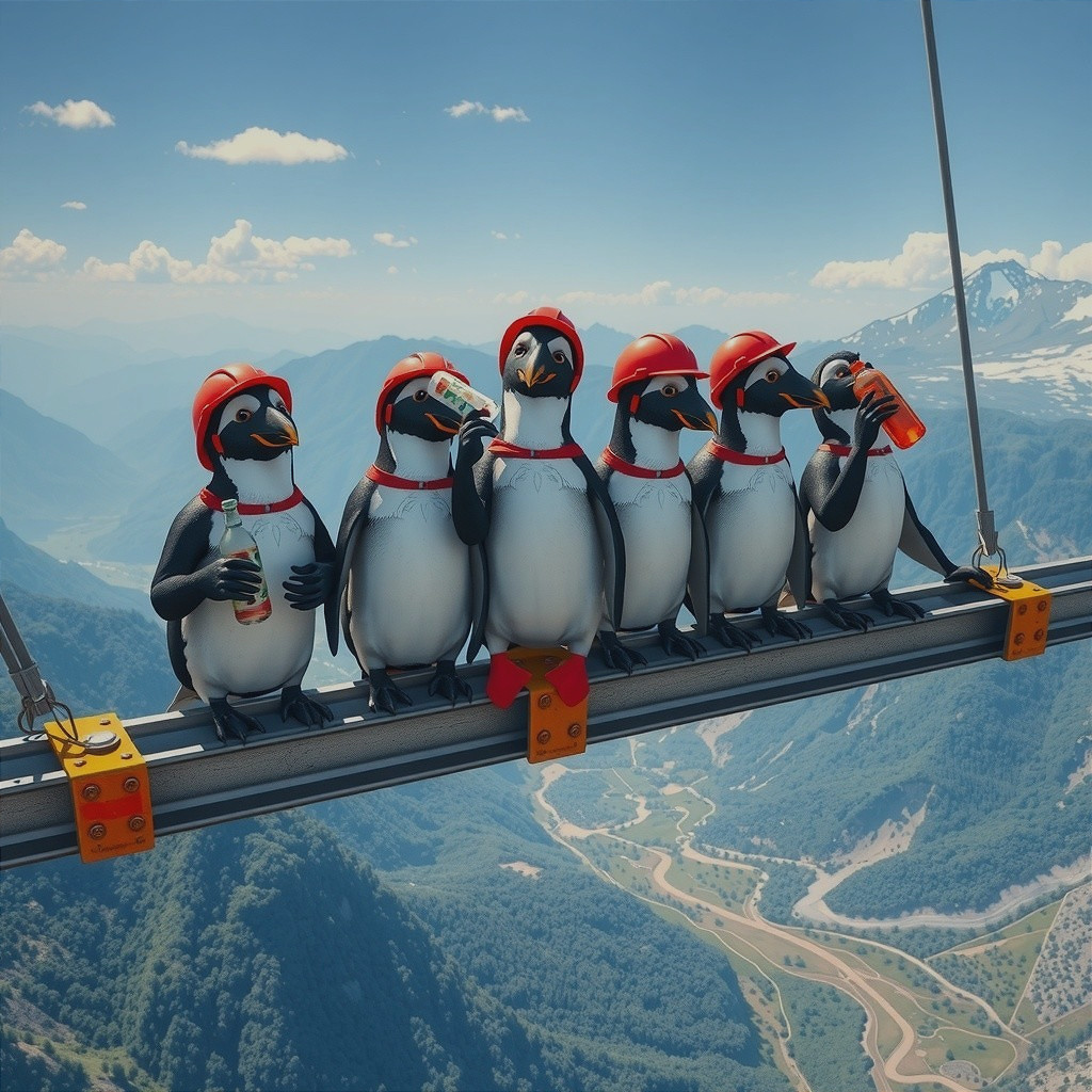 Penguins in Hard Hats on Metal Beam Overlooking Mountains