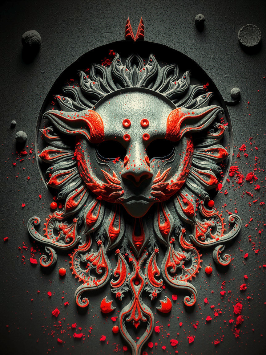 Intricately Designed Lion Mask with Red and Gray Tones