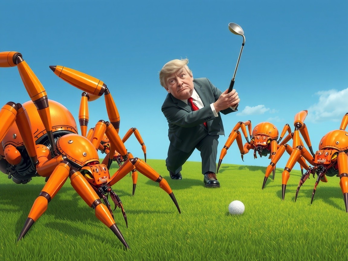 Cartoon Businessman on Golf Course with Robotic Spiders