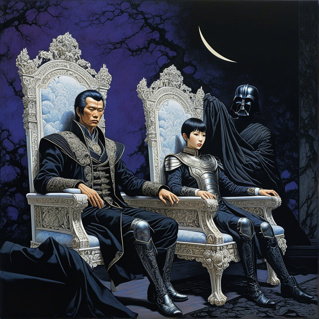 Two Figures on Ornate Thrones in Dark Setting