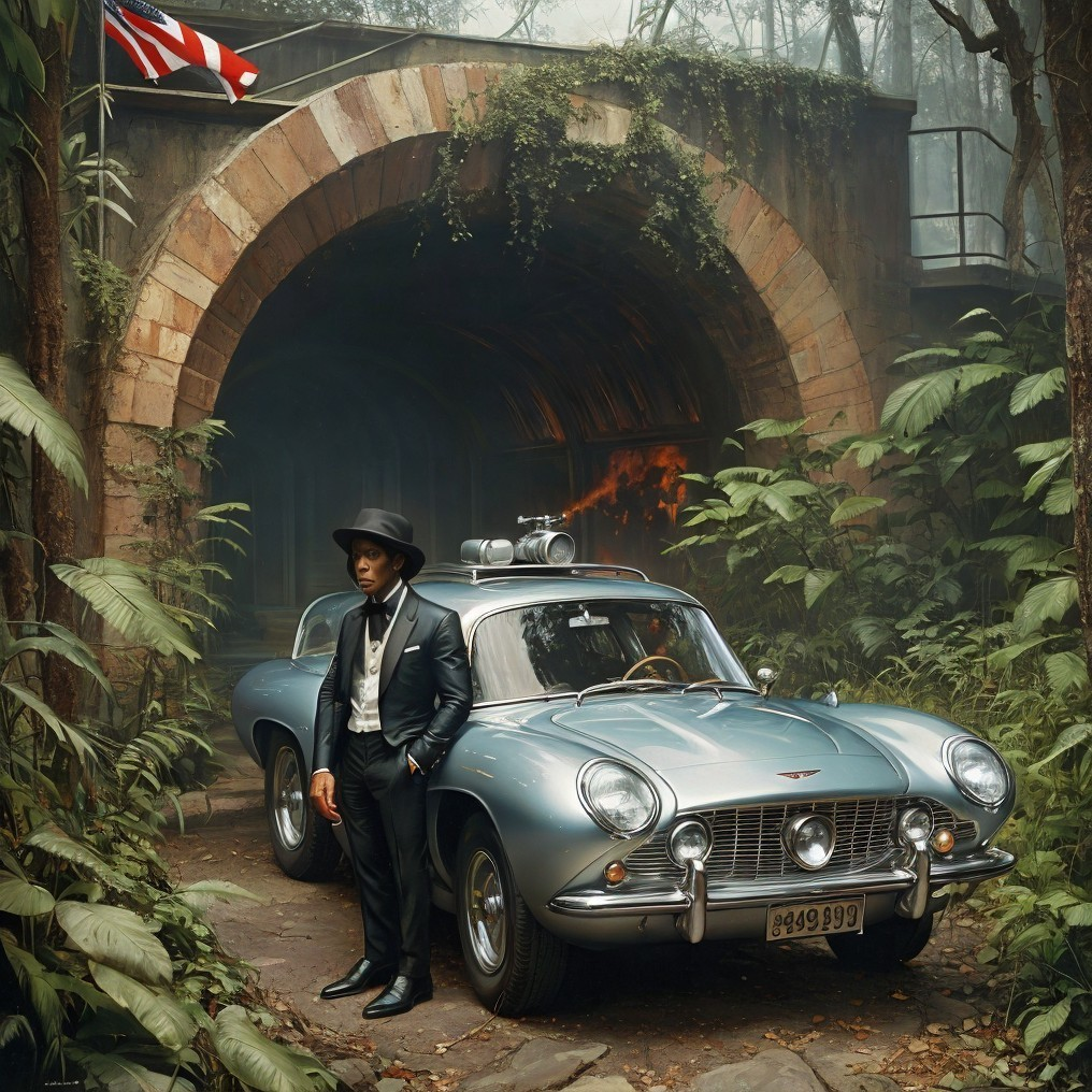 Vintage Silver Car in Jungle by Ancient Stone Archway