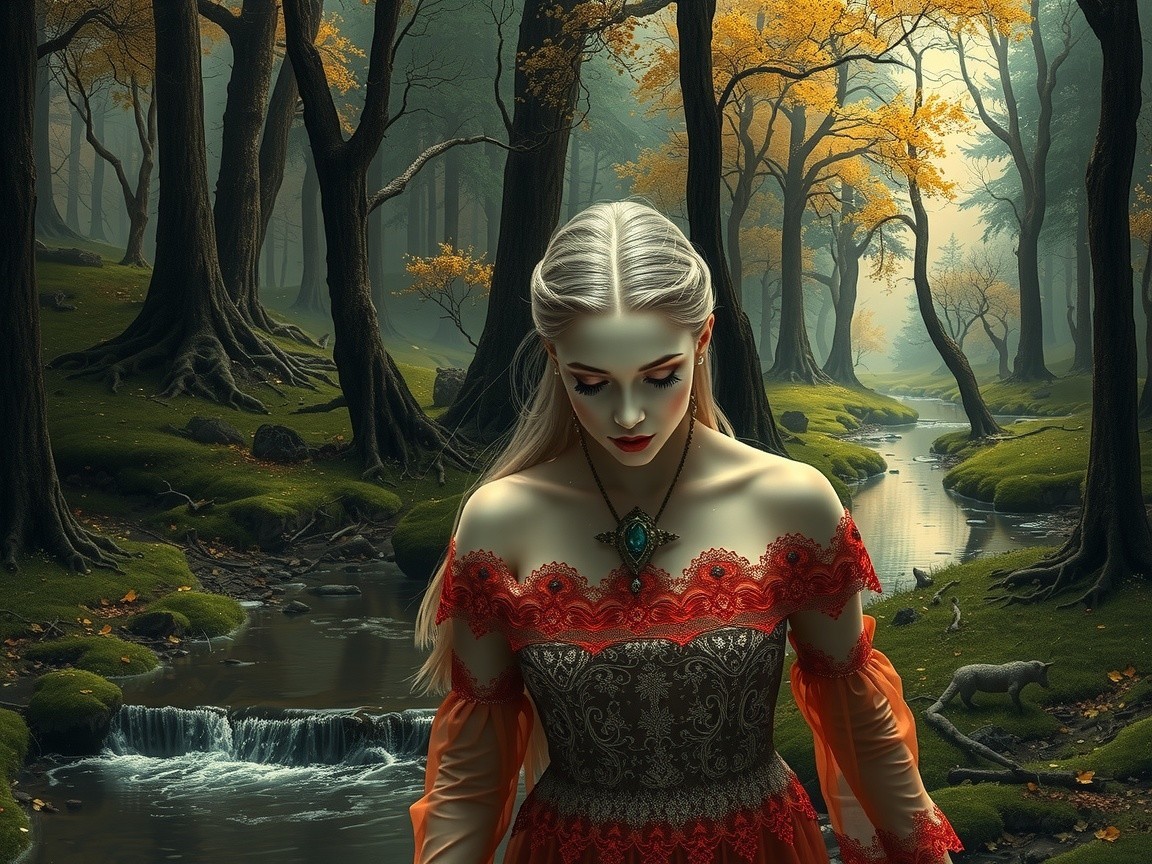 Woodland Scene with Woman in Red Gown and Stream