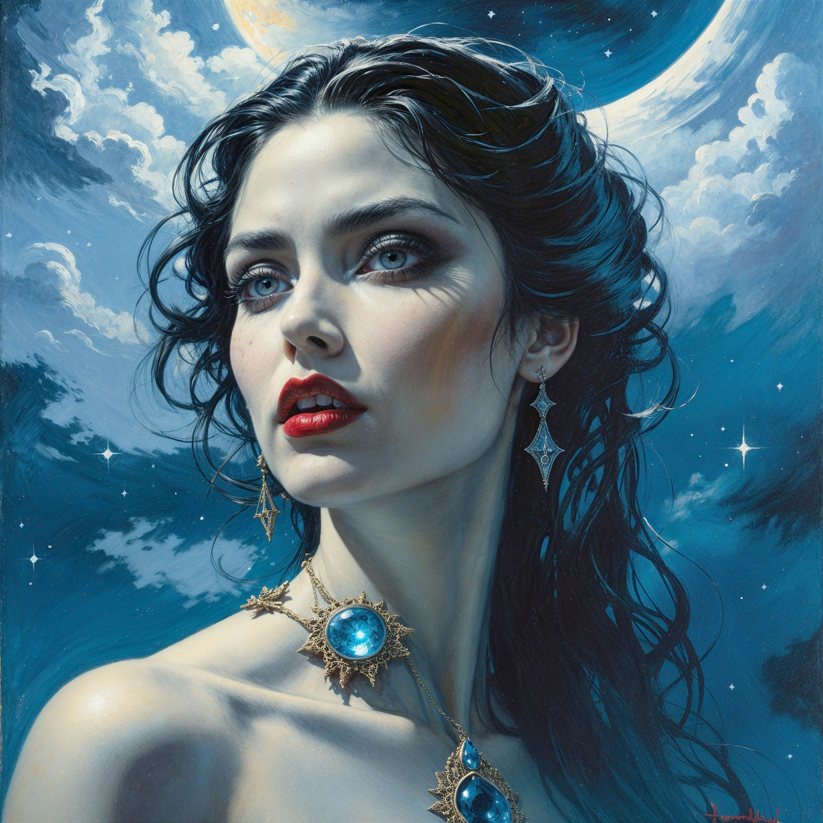Portrait of a Woman with Dark Hair and Starry Background