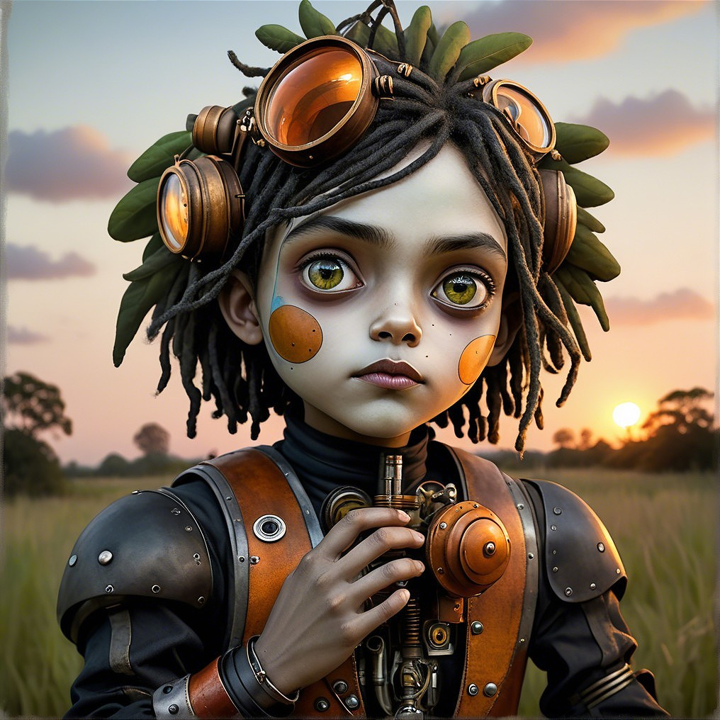 Young Character in Serene Sunset Landscape with Goggles