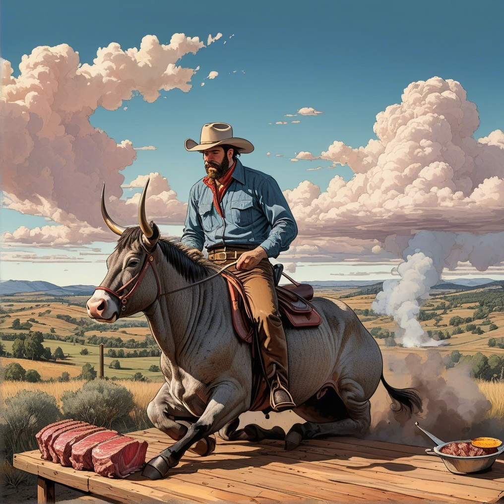 Cowboy Riding Steer with Outdoor Cooking Scene