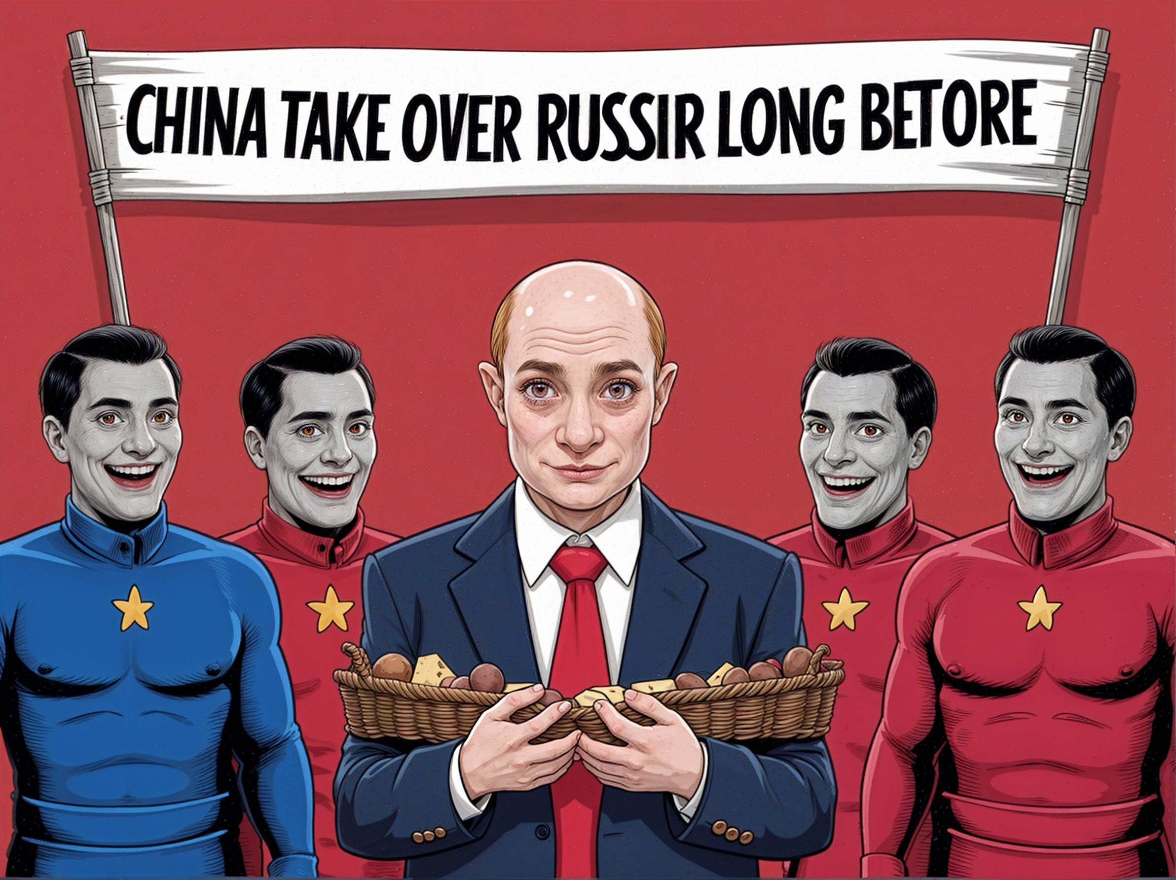 Political Leader Surrounded by Colorful Superheroes