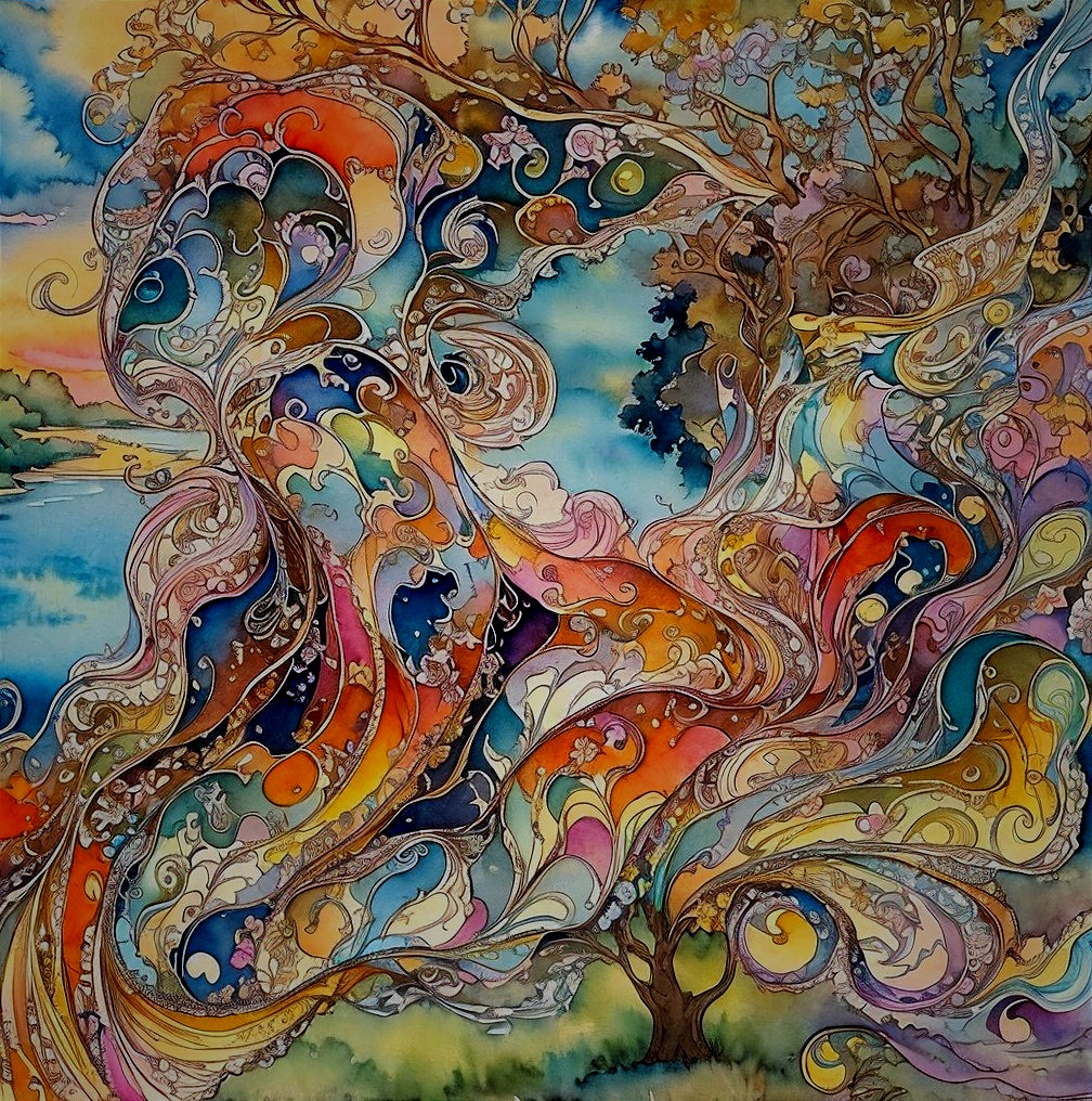 Vibrant Watercolor Abstract Landscape with Organic Forms