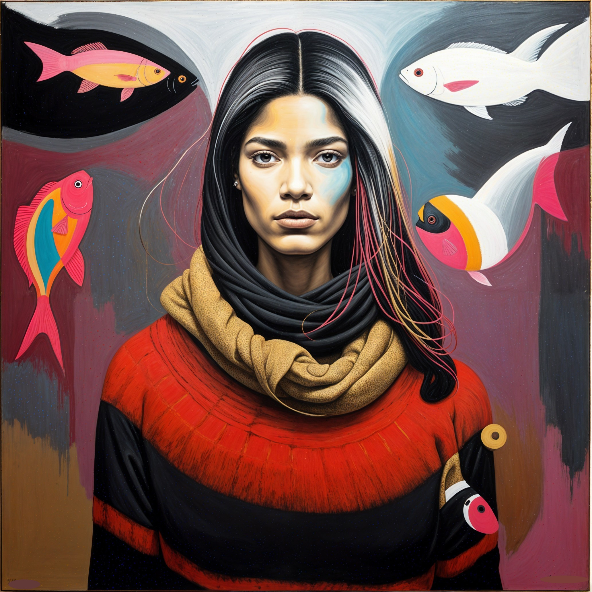 Portrait of a Woman with Fish in Vibrant Colors