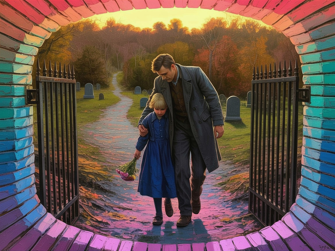 Father and Daughter Walking Through Cemetery Gates