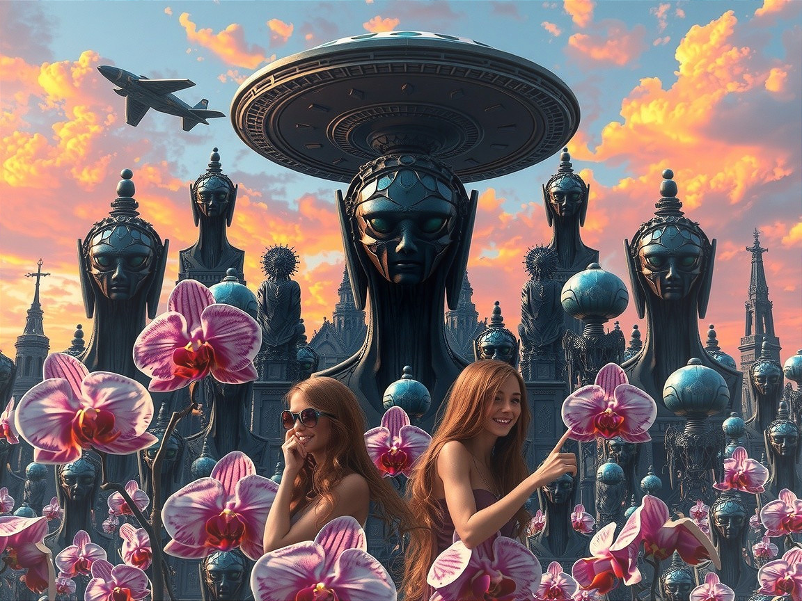 Surreal Landscape with Women and Ethereal Statues