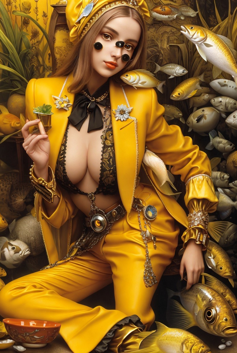 Woman in Yellow Suit Surrounded by Fish and Gold