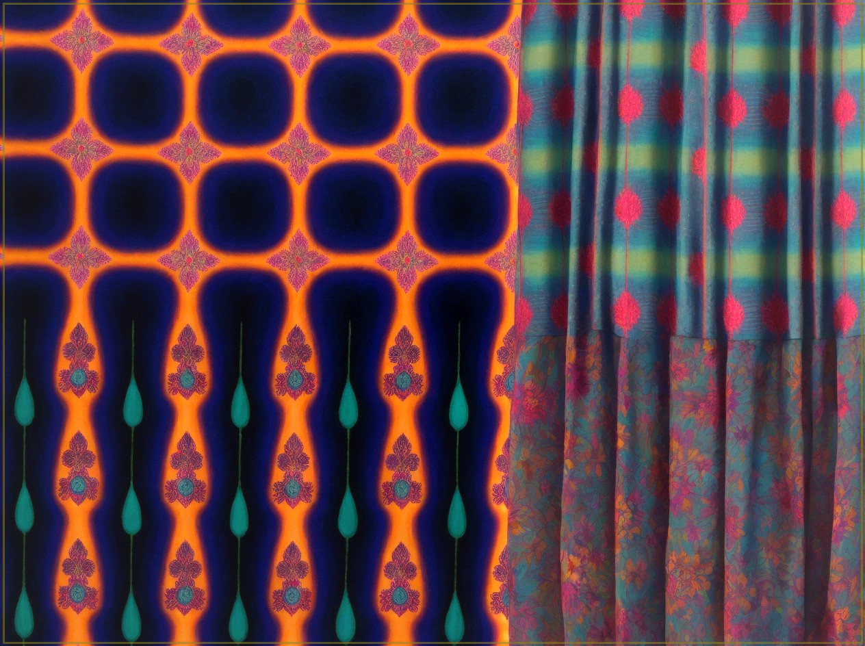 Vibrant Textile Design with Geometric and Plaid Patterns