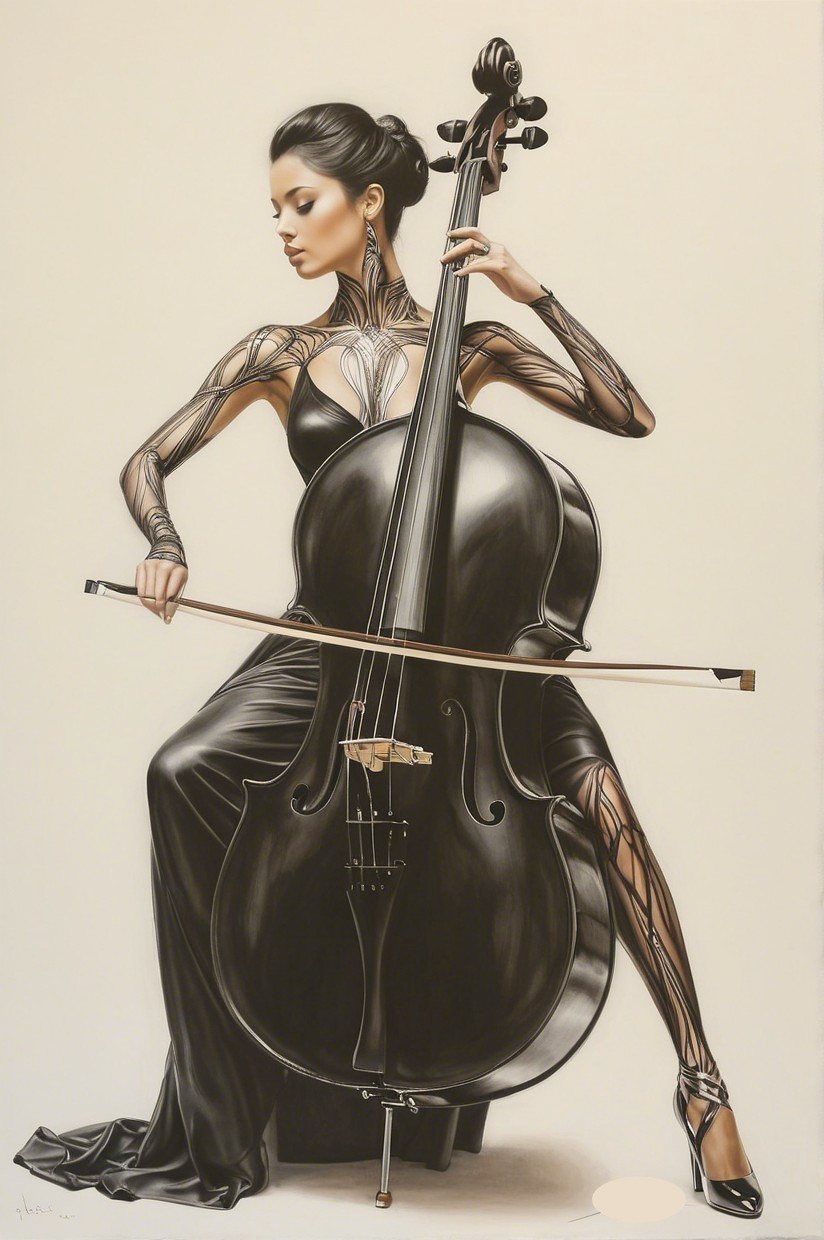 Elegant Woman Playing Cello in Black Dress