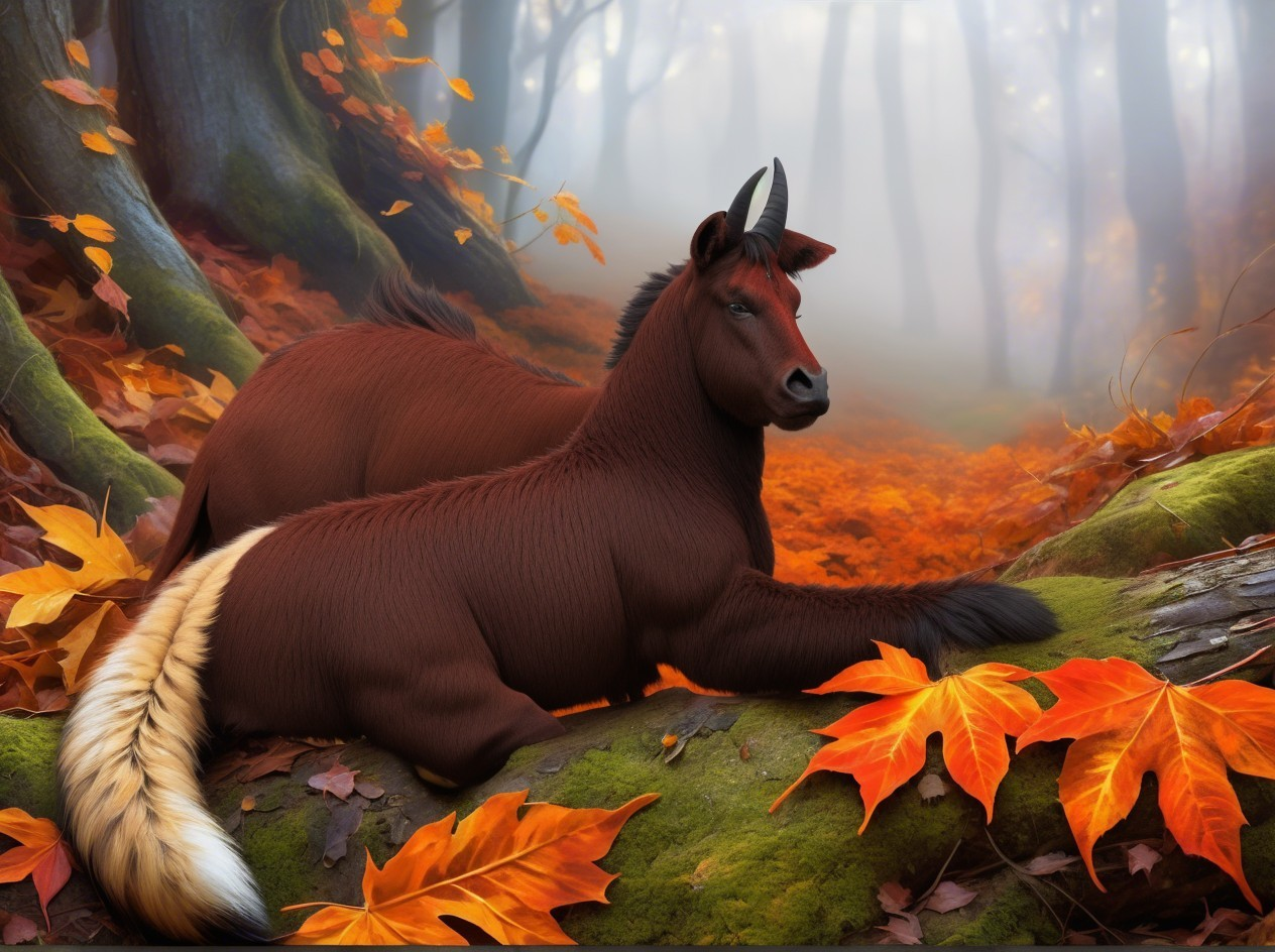 Horses Resting in an Autumn Forest Setting