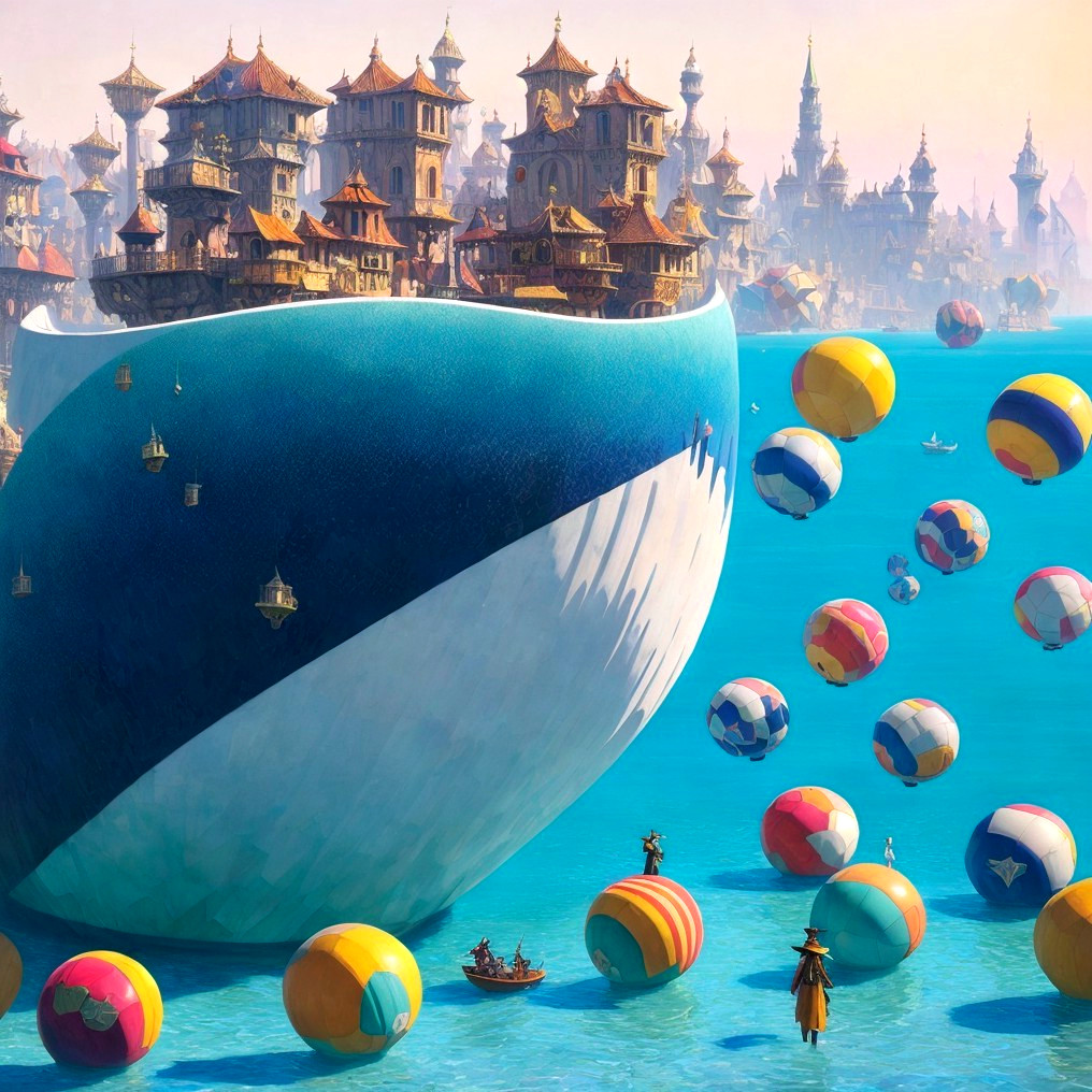 Whale-shaped vessel in a vibrant blue sea landscape